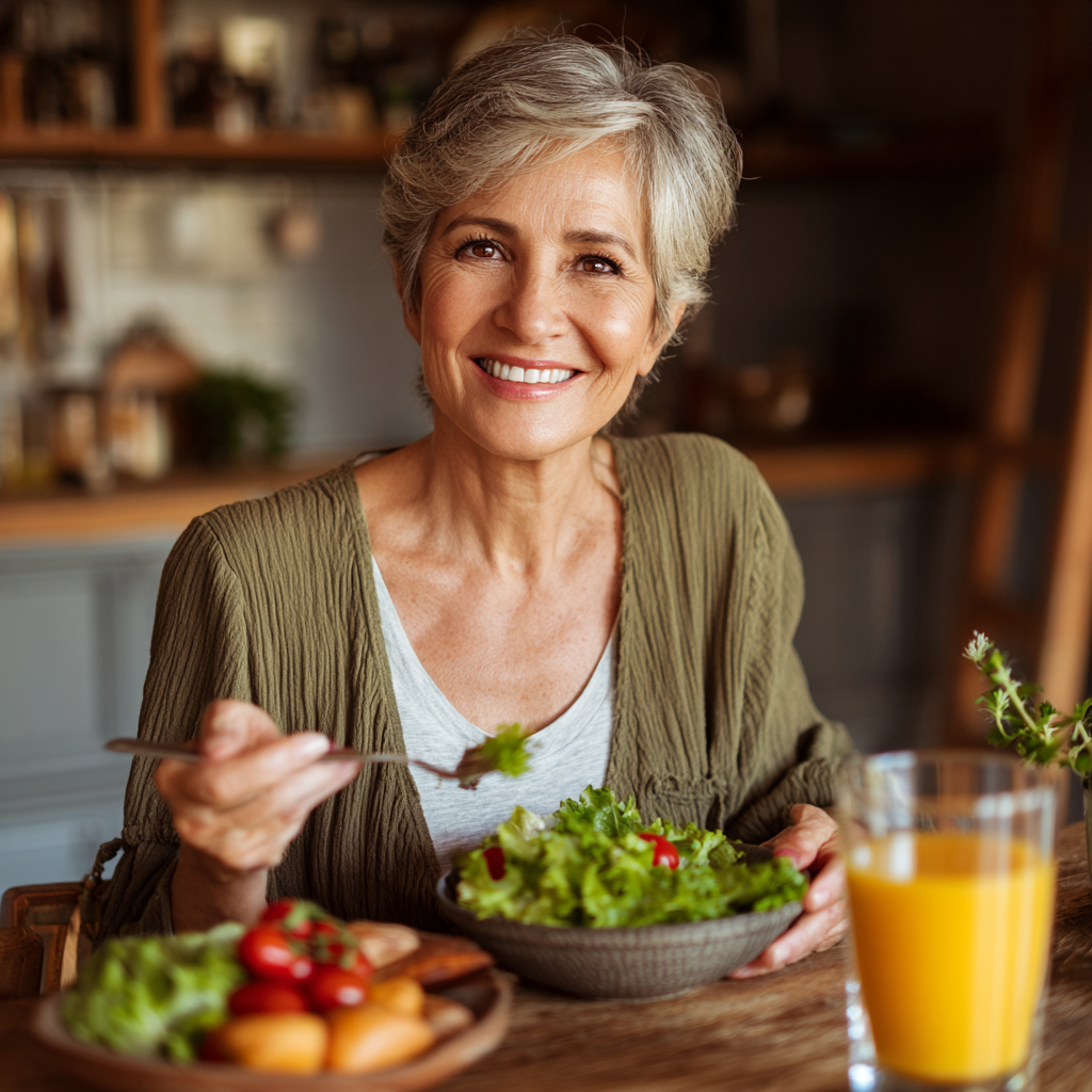 Happy mature woman enjoying a balanced healthy meal prepared with nutritional guidance