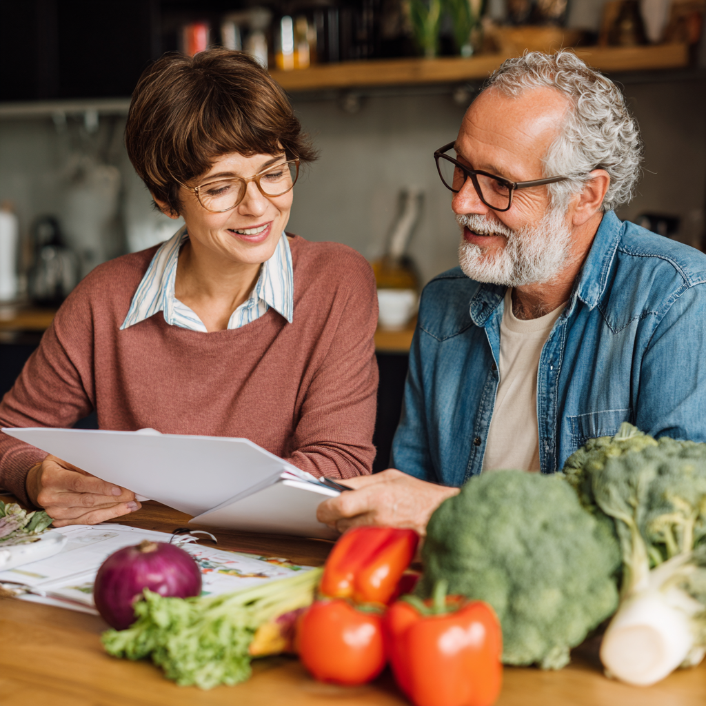 Middle-aged nutritionist consulting with older adult client about meal planning